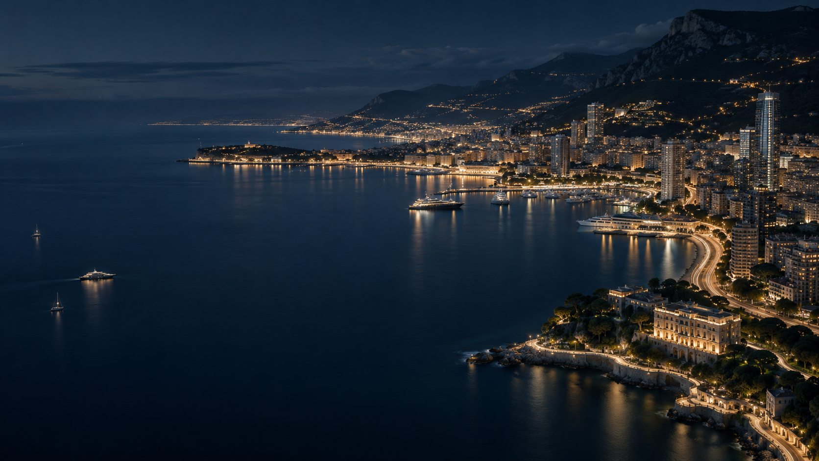 Vue aérienne nocturne d'une baie internationale